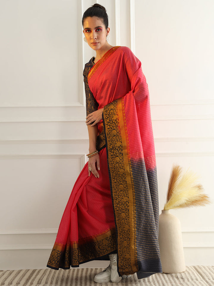 Colorblocked Banarasi Silk Saree with Zari Woven Floral Motifs Border