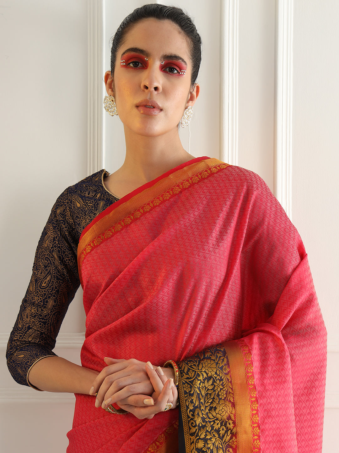Colorblocked Banarasi Silk Saree with Zari Woven Floral Motifs Border