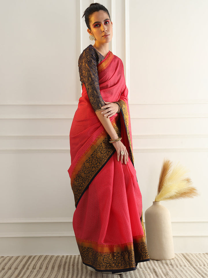 Colorblocked Banarasi Silk Saree with Zari Woven Floral Motifs Border