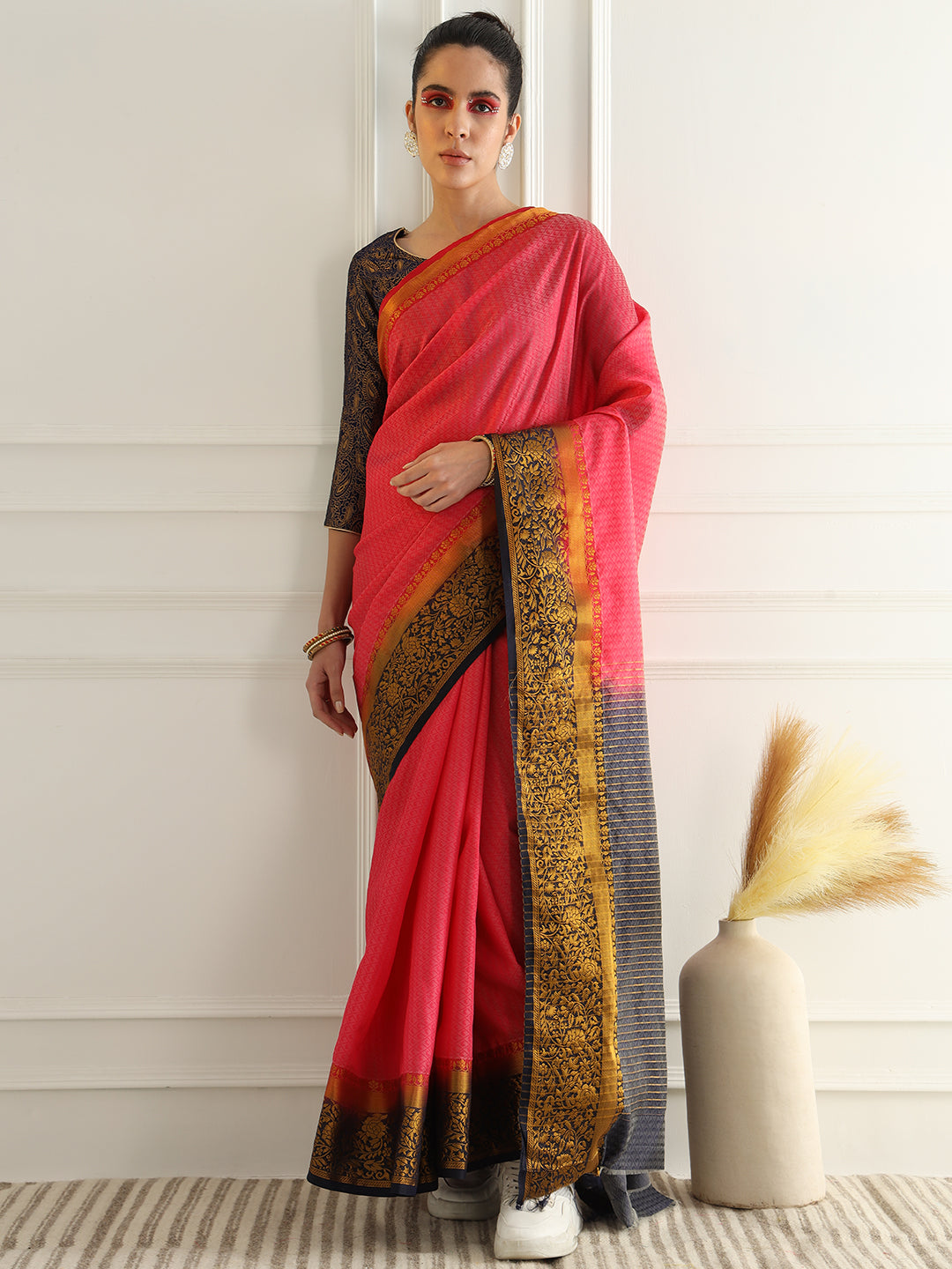 Colorblocked Banarasi Silk Saree with Zari Woven Floral Motifs Border