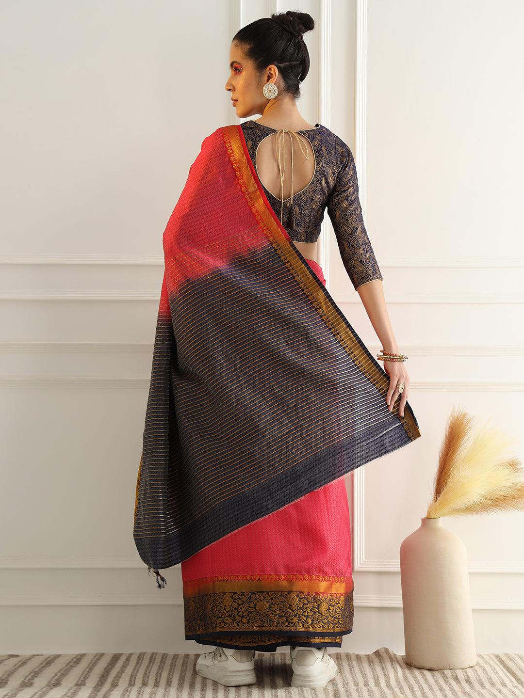Colorblocked Banarasi Silk Saree with Zari Woven Floral Motifs Border