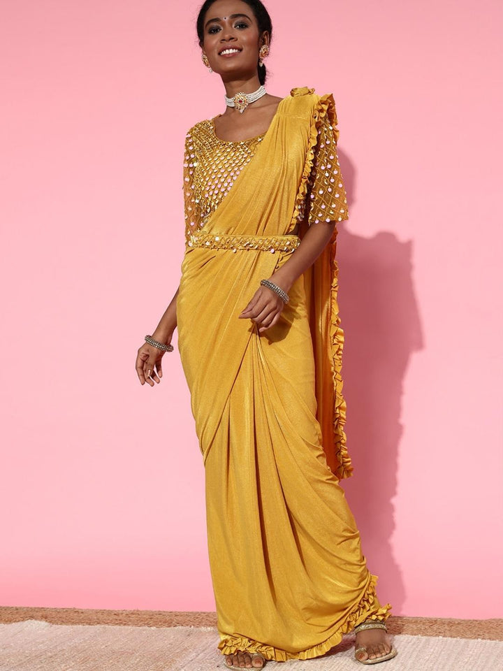 Ready to Wear Ruffled Belted Saree with Sequin Embellishments