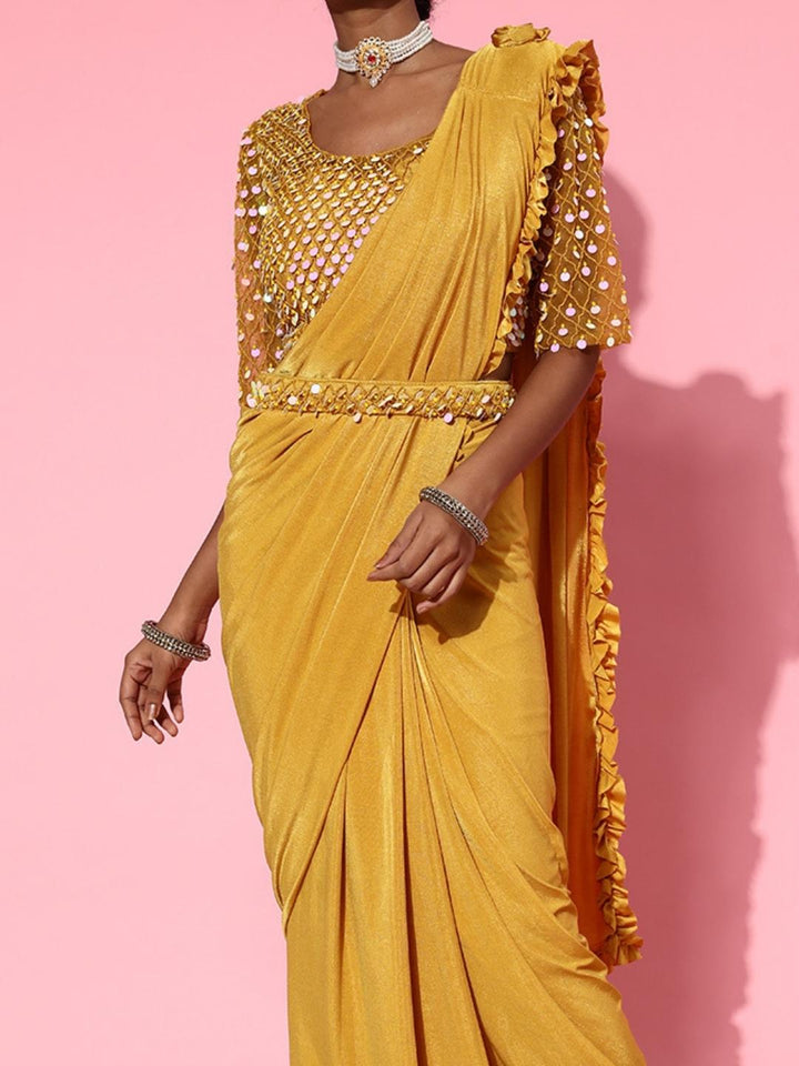 Ready to Wear Ruffled Belted Saree with Sequin Embellishments