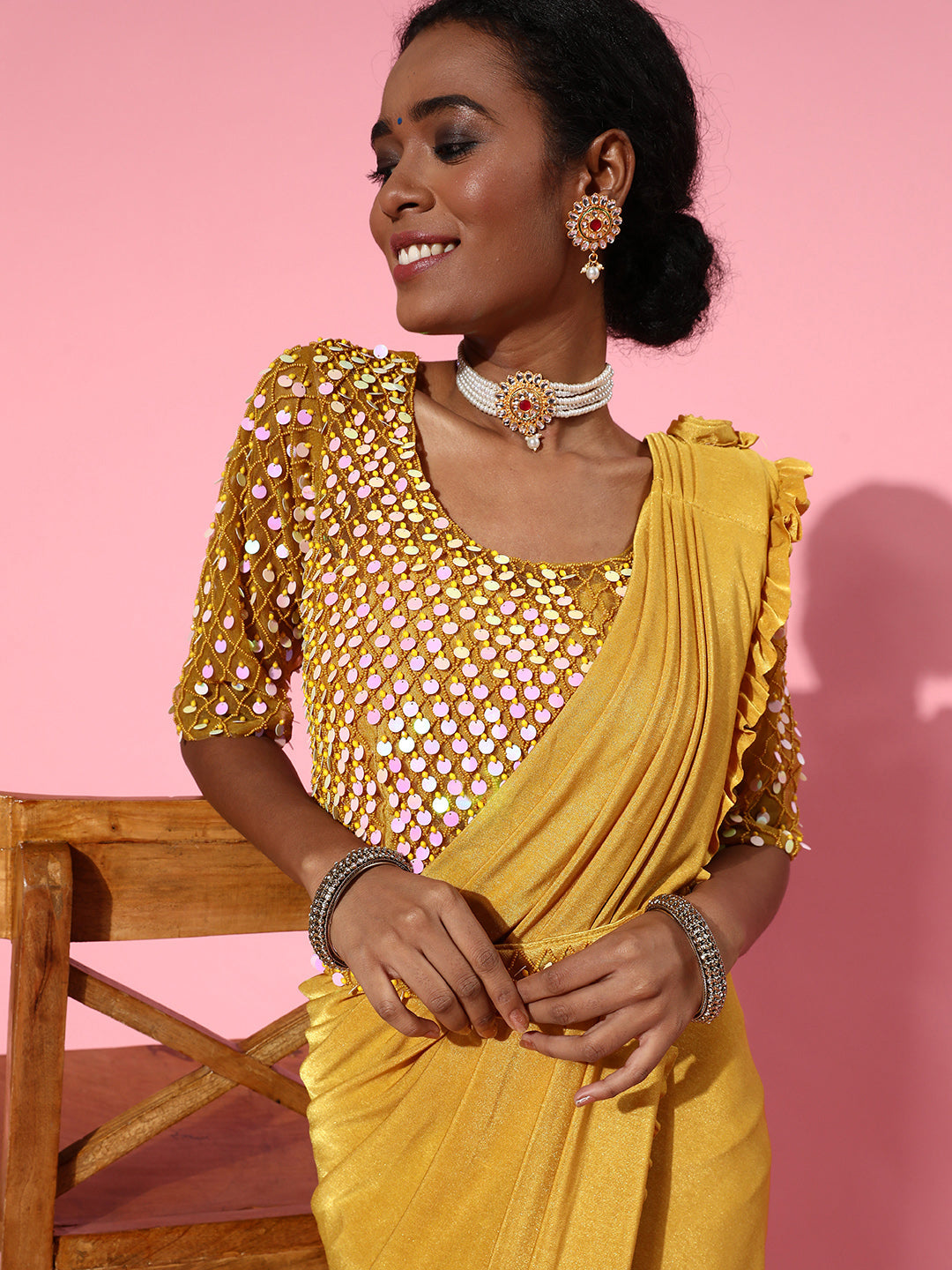 Ready to Wear Ruffled Belted Saree with Sequin Embellishments