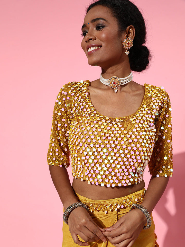 Ready to Wear Ruffled Belted Saree with Sequin Embellishments