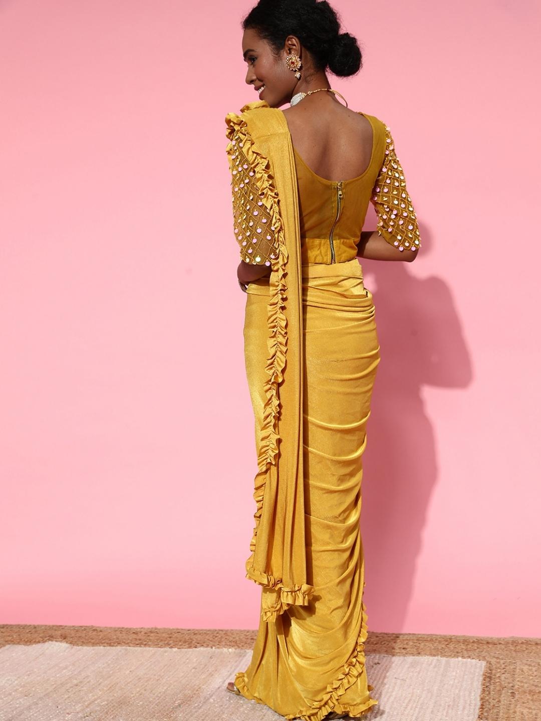 Ready to Wear Ruffled Belted Saree with Sequin Embellishments