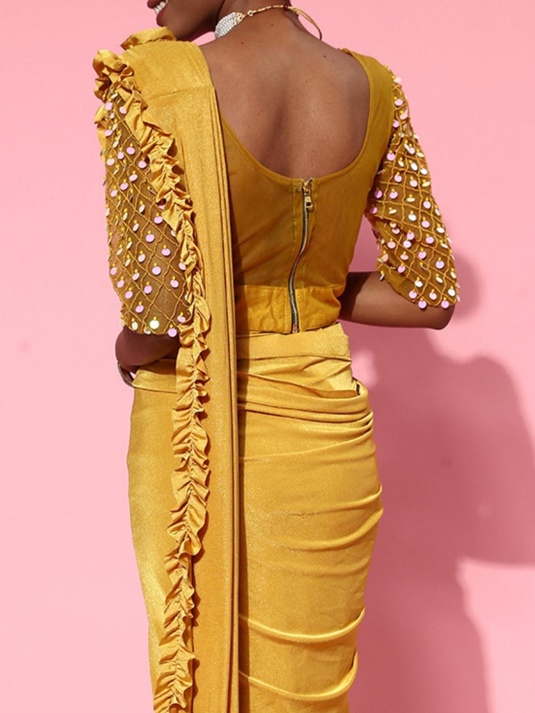 Ready to Wear Ruffled Belted Saree with Sequin Embellishments