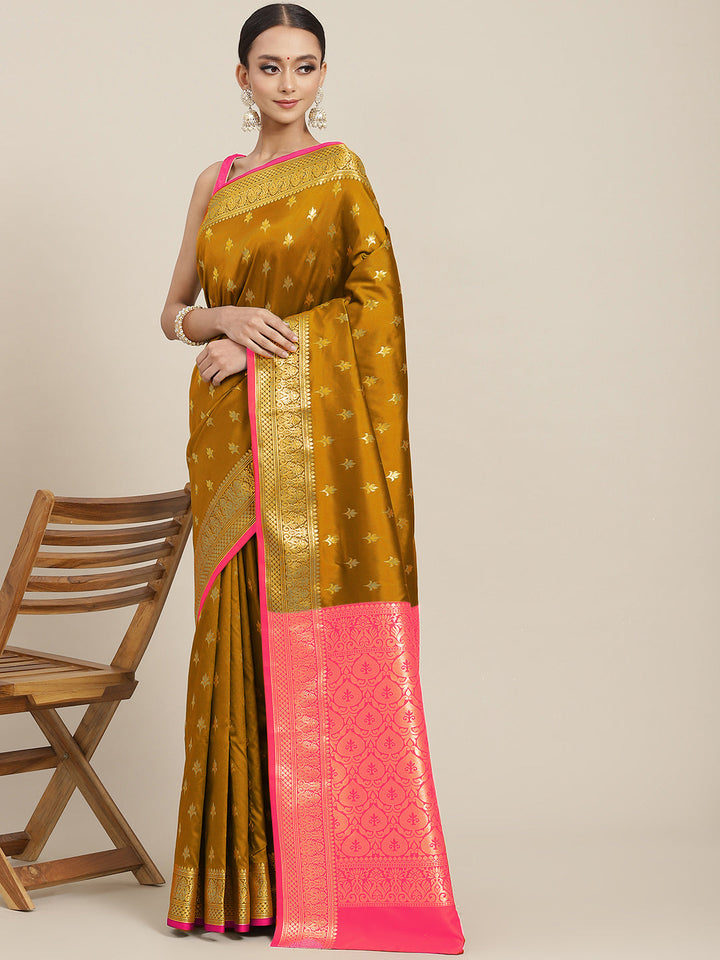 Golden Yellow Zari Embellished Silk Blend Gadwal Handloom Saree