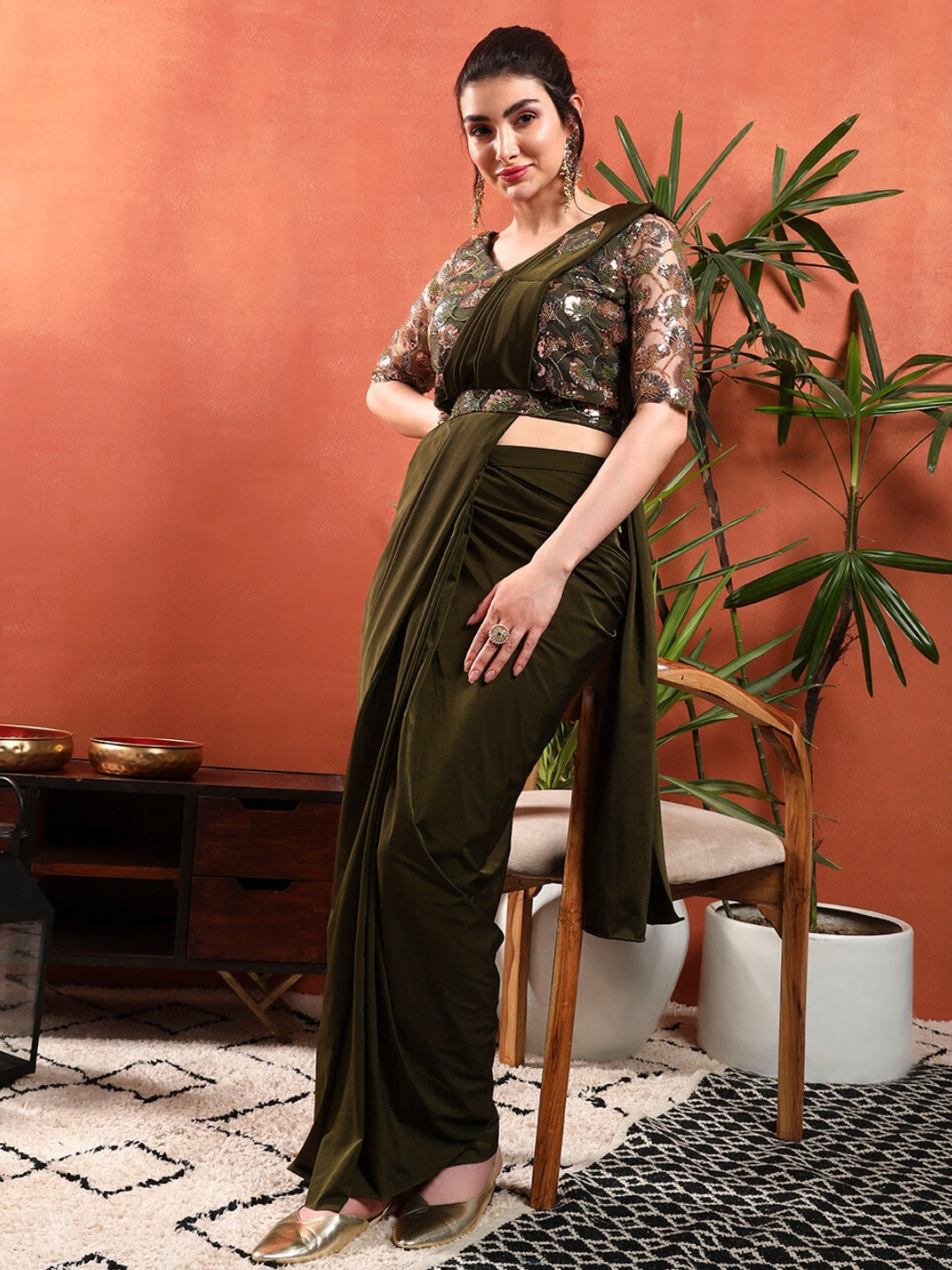 Pre-Stitched Draped Saree with Sequin Cut-Dana Embroidery Blouse & Embellished Belt