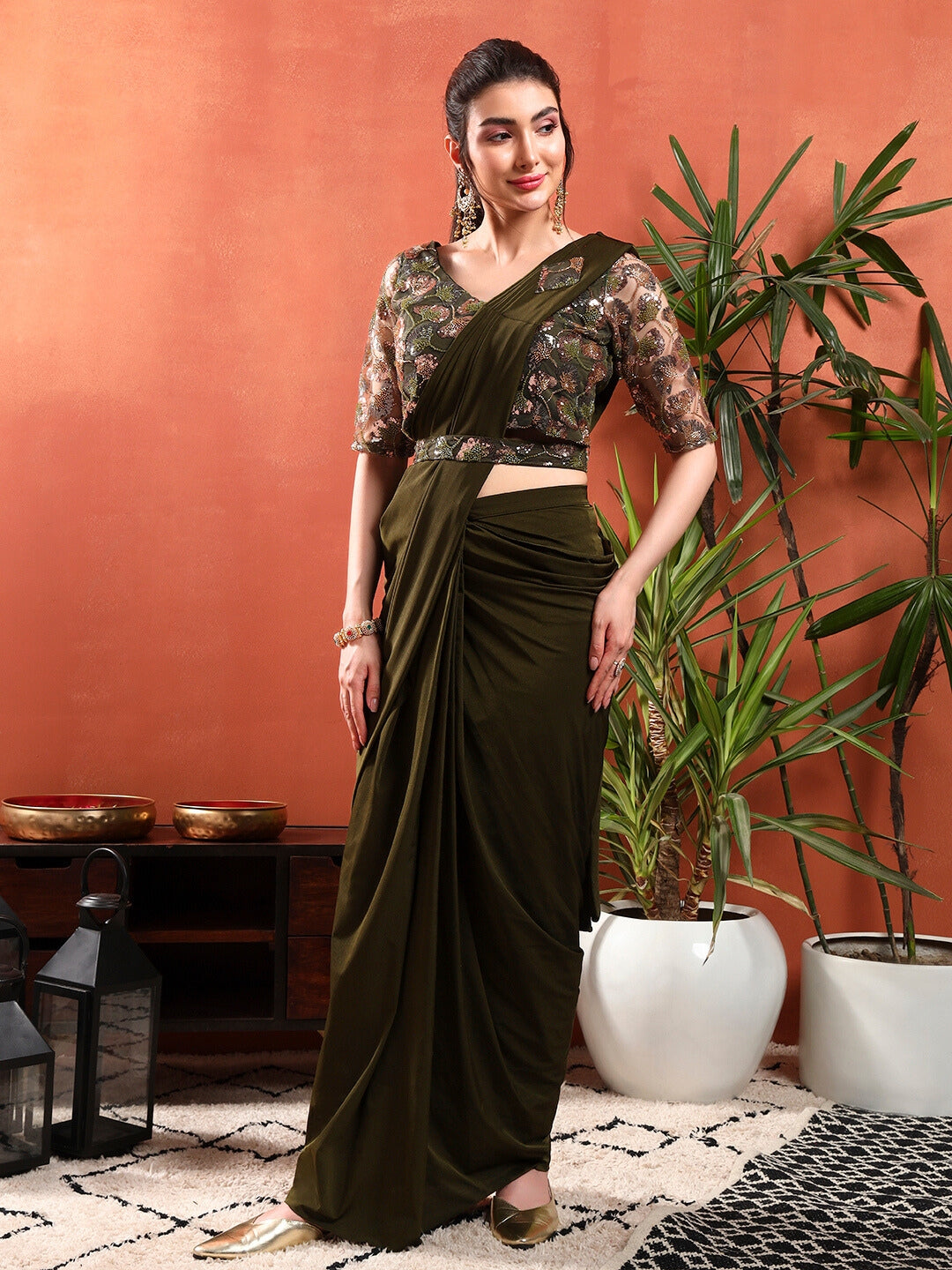 Pre-Stitched Draped Saree with Sequin Cut-Dana Embroidery Blouse & Embellished Belt