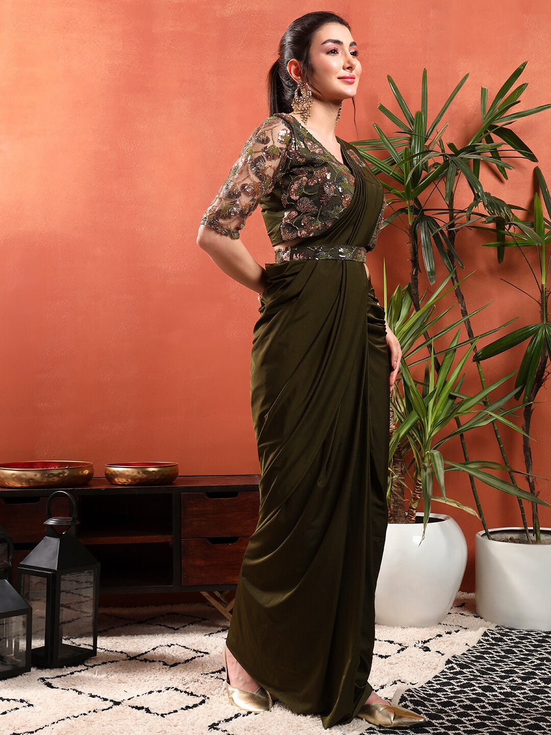 Pre-Stitched Draped Saree with Sequin Cut-Dana Embroidery Blouse & Embellished Belt