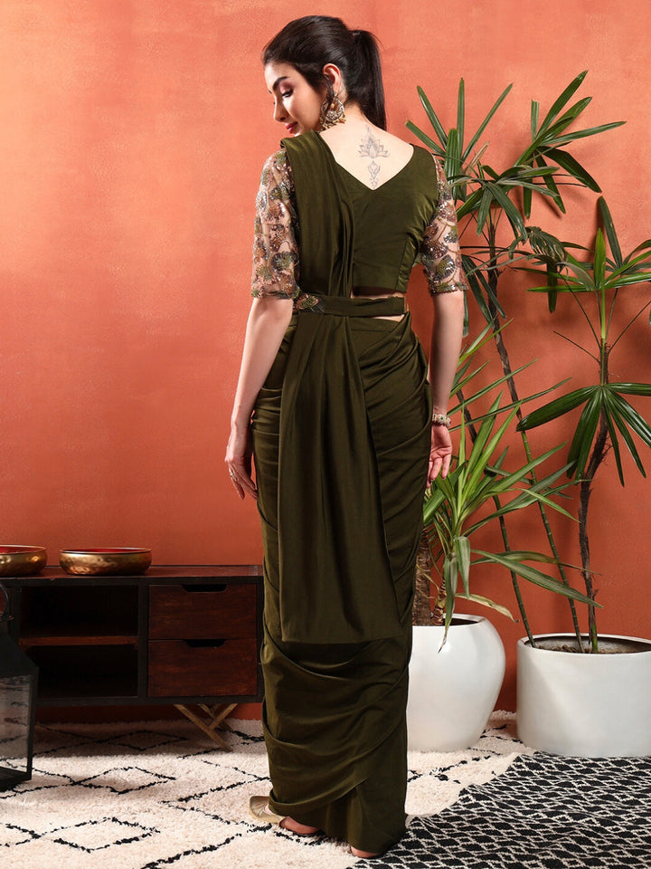 Pre-Stitched Draped Saree with Sequin Cut-Dana Embroidery Blouse & Embellished Belt