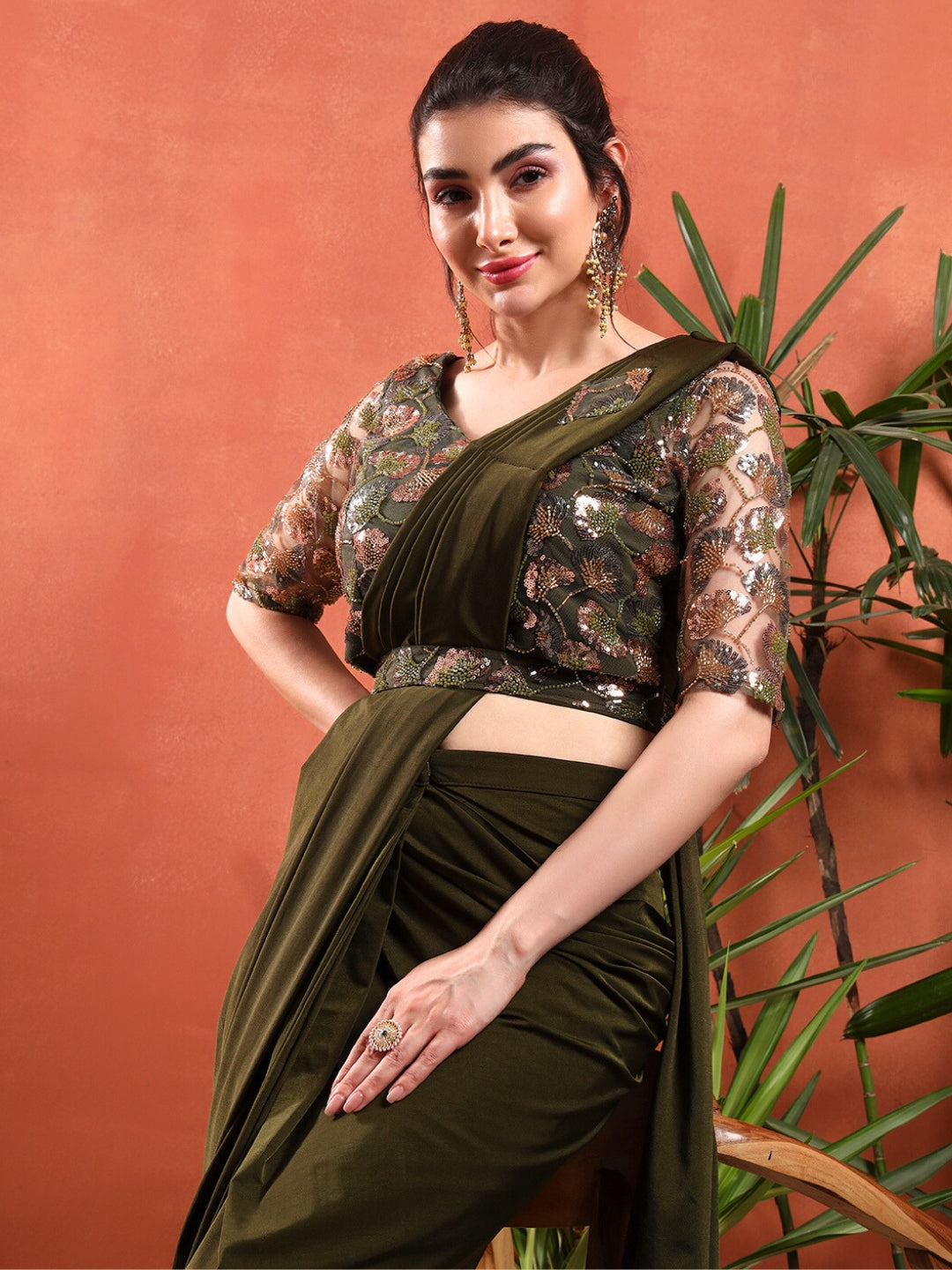 Pre-Stitched Draped Saree with Sequin Cut-Dana Embroidery Blouse & Embellished Belt
