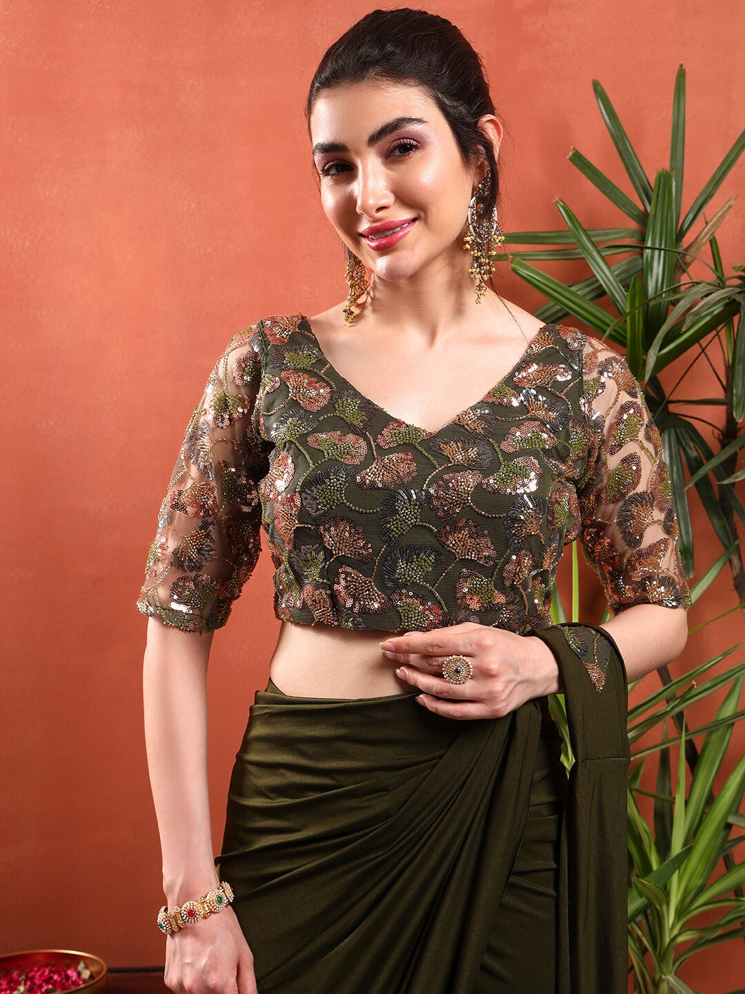 Pre-Stitched Draped Saree with Sequin Cut-Dana Embroidery Blouse & Embellished Belt
