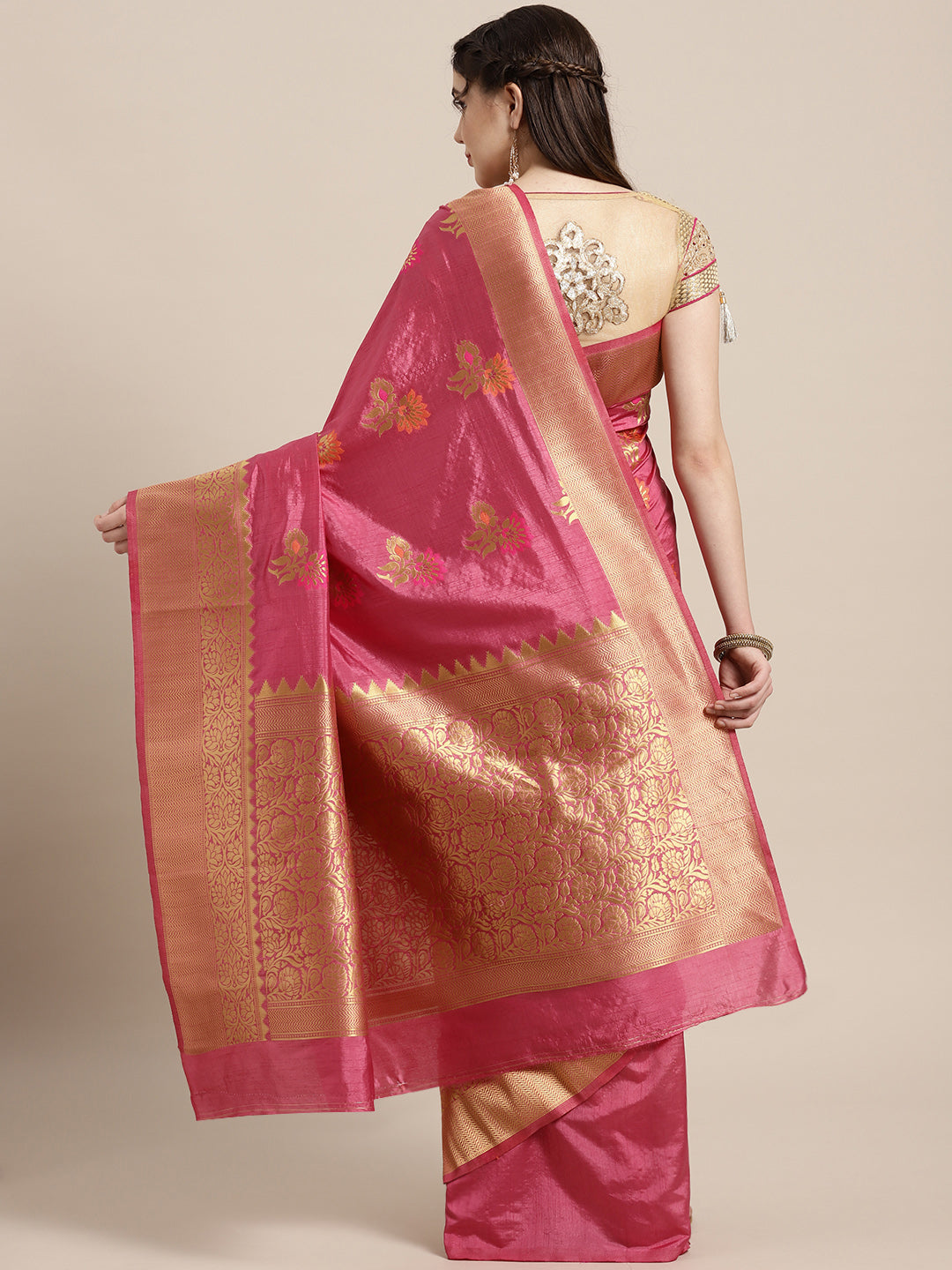 Mysore Silk Saree with Meenakari Weaving and Broad Zari Border