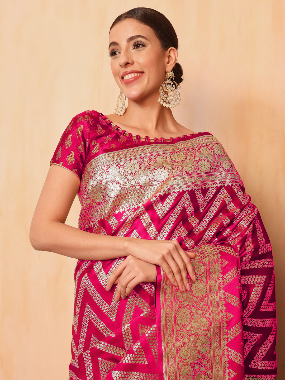 Rani Pink Kanjeevaram Banarasi Silk Handwoven Saree