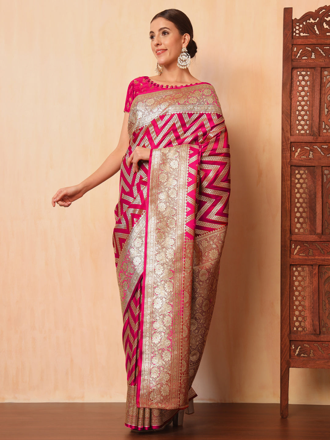 Rani Pink Kanjeevaram Banarasi Silk Handwoven Saree