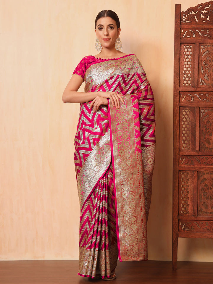 Rani Pink Kanjeevaram Banarasi Silk Handwoven Saree