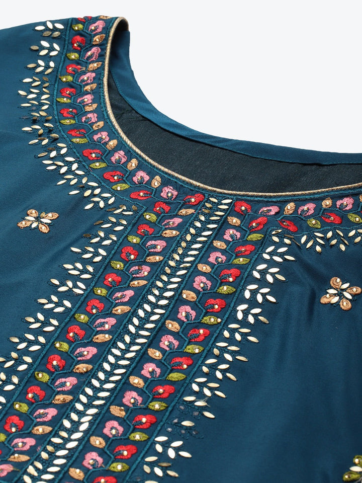Blue Resham Embroidered & Mirror Embellished Dress Material Set