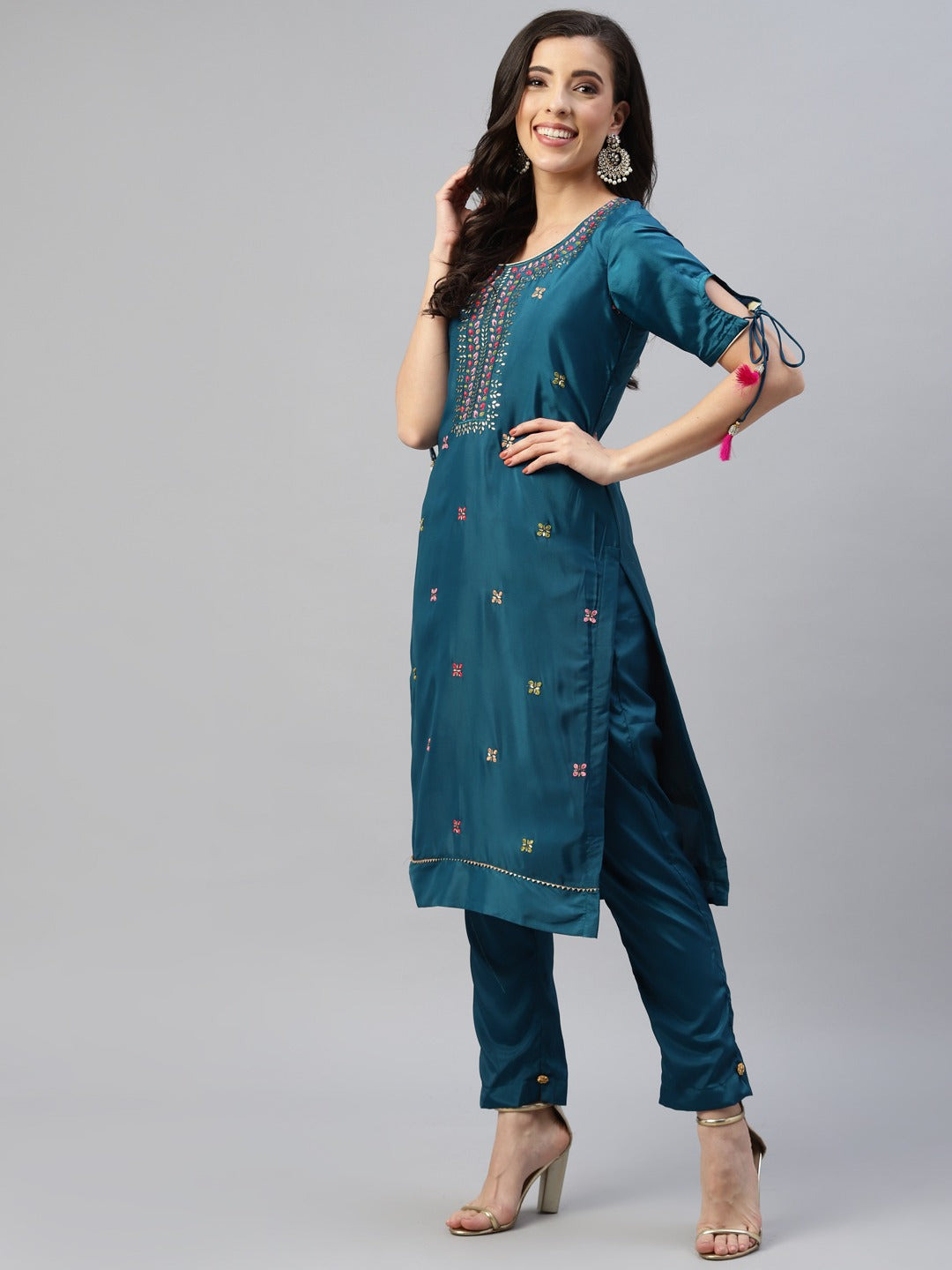 Blue Resham Embroidered & Mirror Embellished Dress Material Set