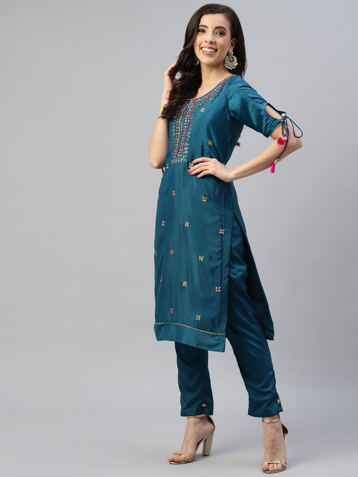 Blue Resham Embroidered & Mirror Embellished Dress Material Set