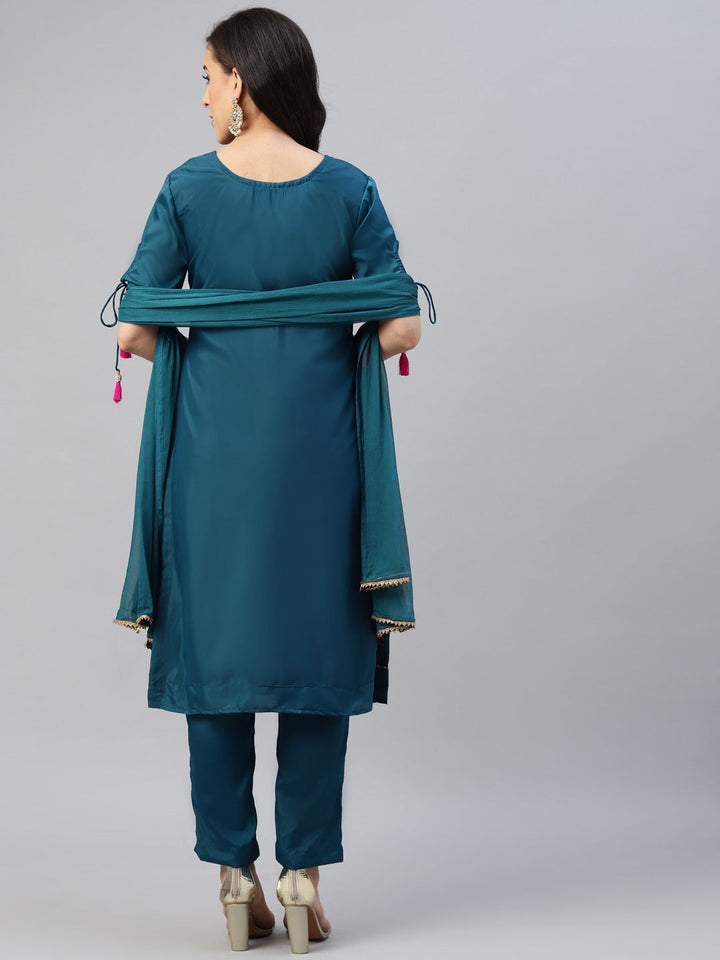 Blue Resham Embroidered & Mirror Embellished Dress Material Set