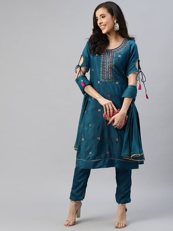Blue Resham Embroidered & Mirror Embellished Dress Material Set
