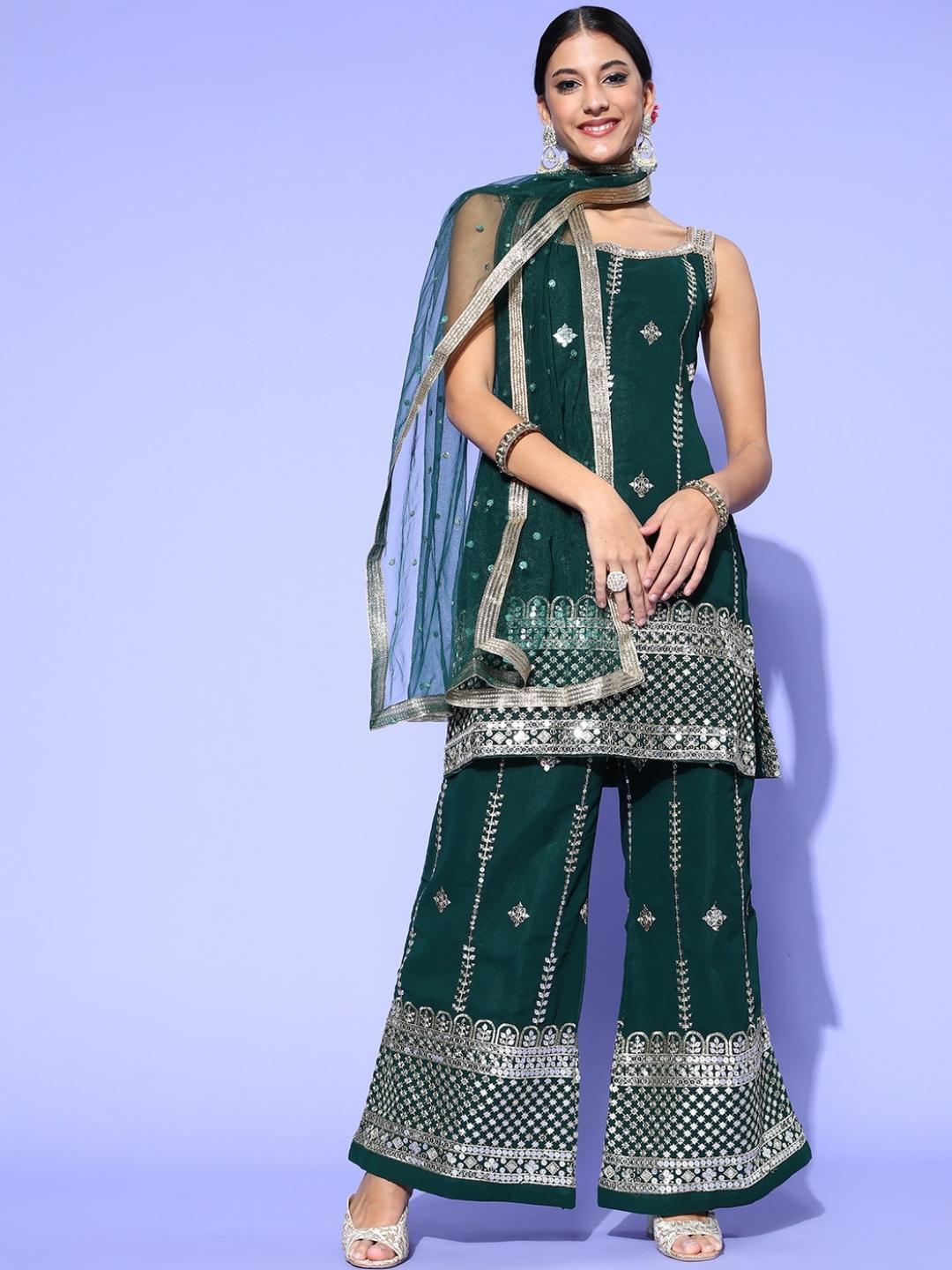 Zari Embroidered Kurta Palazzo Set with Lace Shoulder straps
