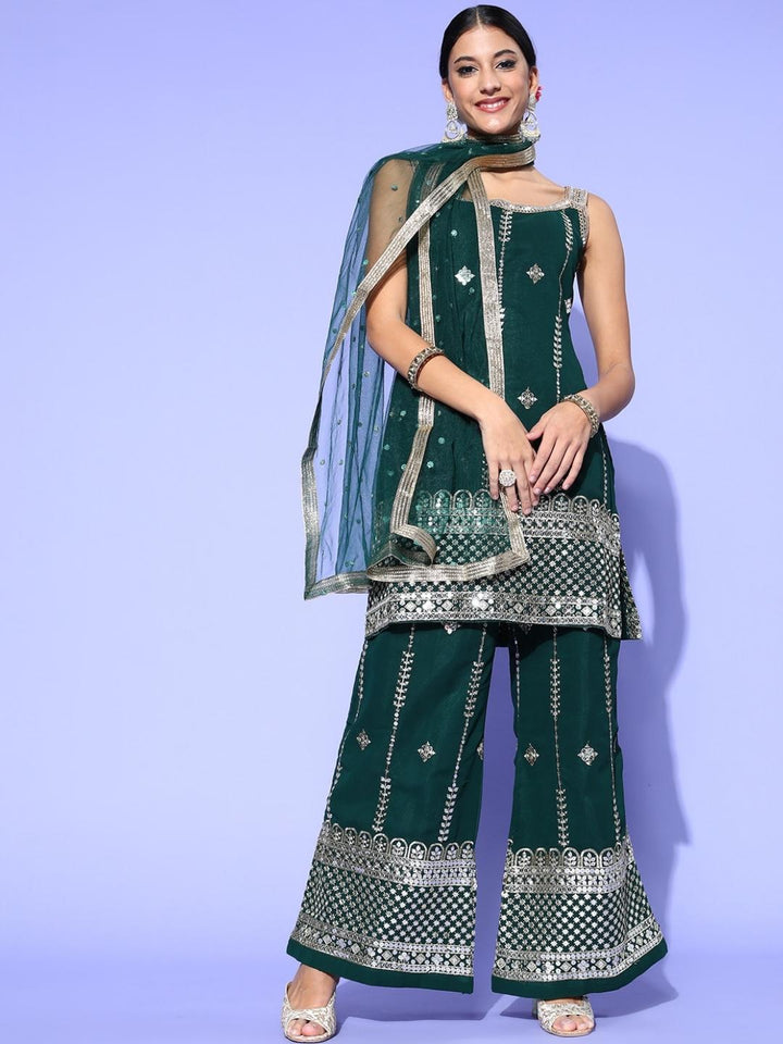 Zari Embroidered Kurta Palazzo Set with Lace Shoulder straps