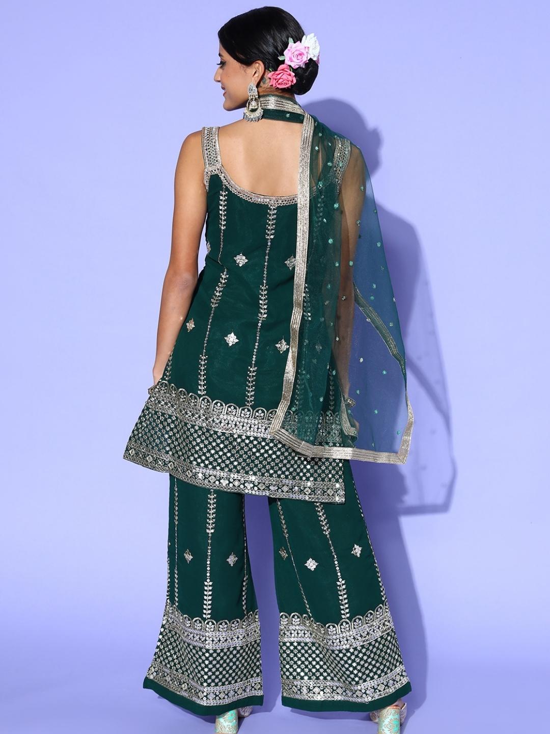 Zari Embroidered Kurta Palazzo Set with Lace Shoulder straps