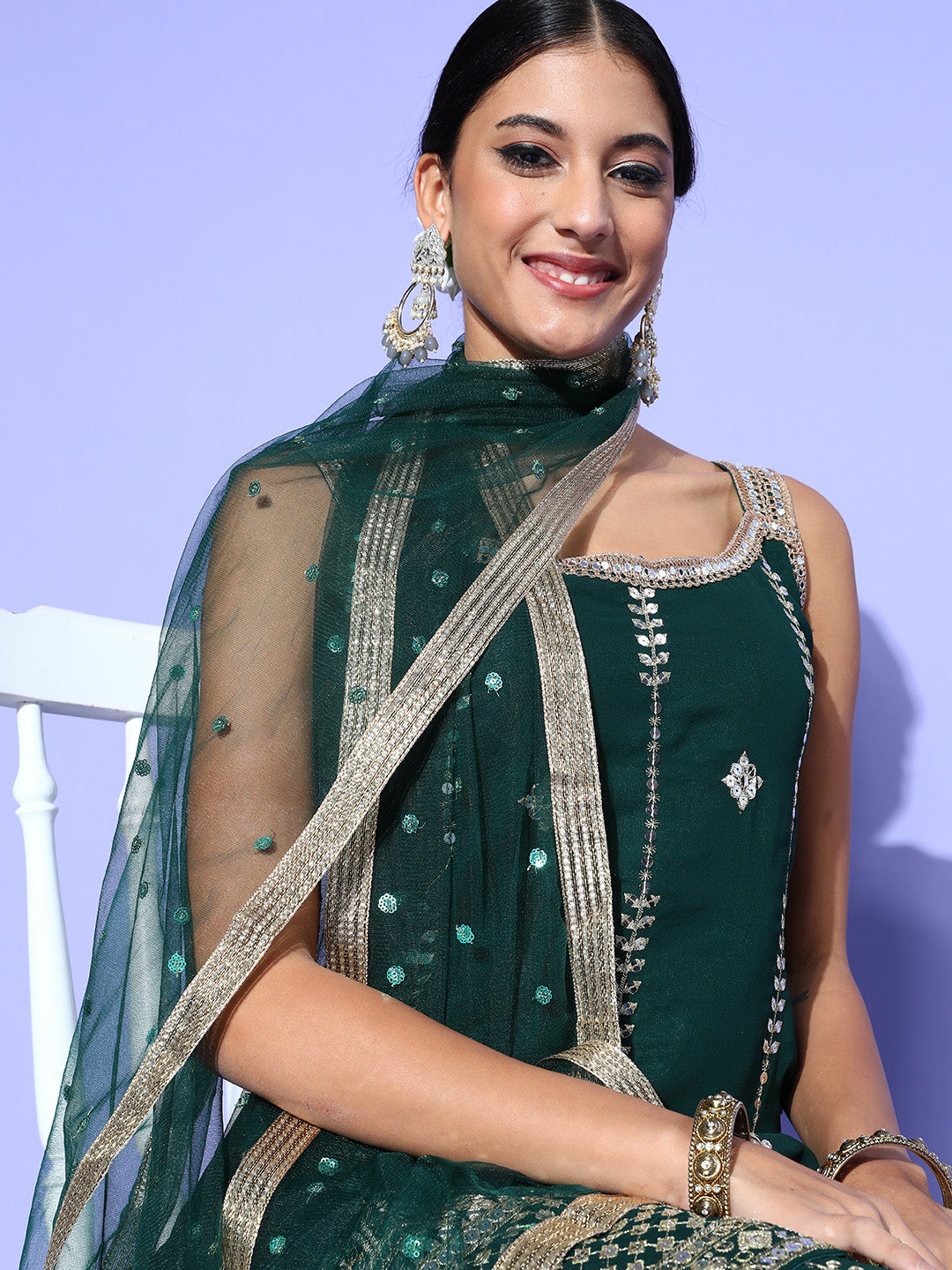 Zari Embroidered Kurta Palazzo Set with Lace Shoulder straps