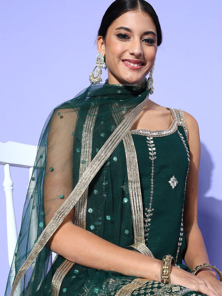 Zari Embroidered Kurta Palazzo Set with Lace Shoulder straps