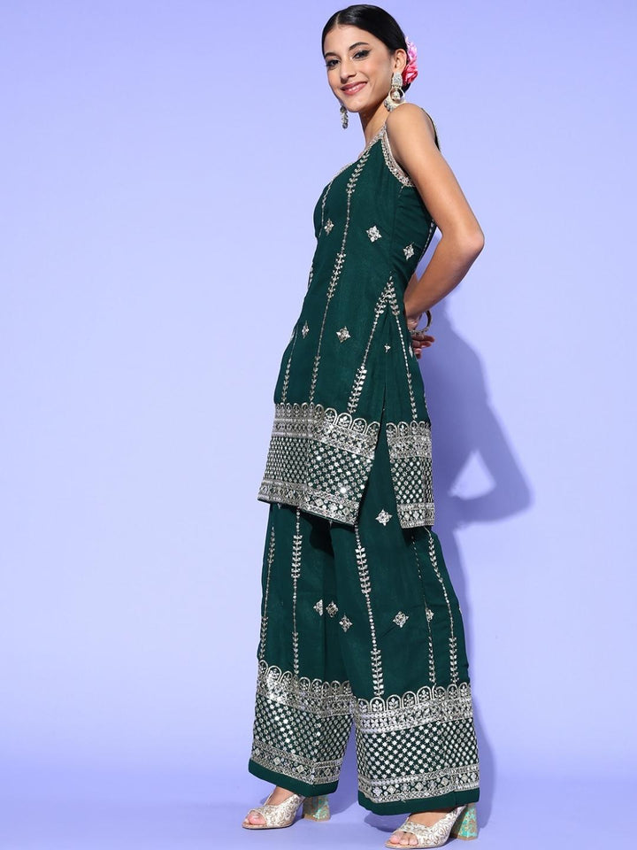 Zari Embroidered Kurta Palazzo Set with Lace Shoulder straps