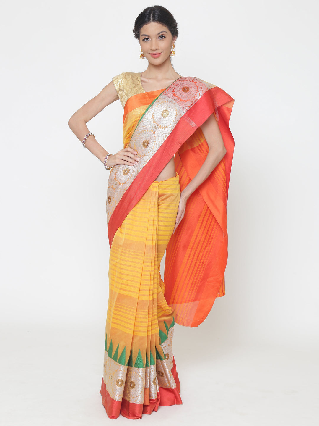 Orange and yellow Striped Handloom Banarasi Saree with contrast Green Temple border