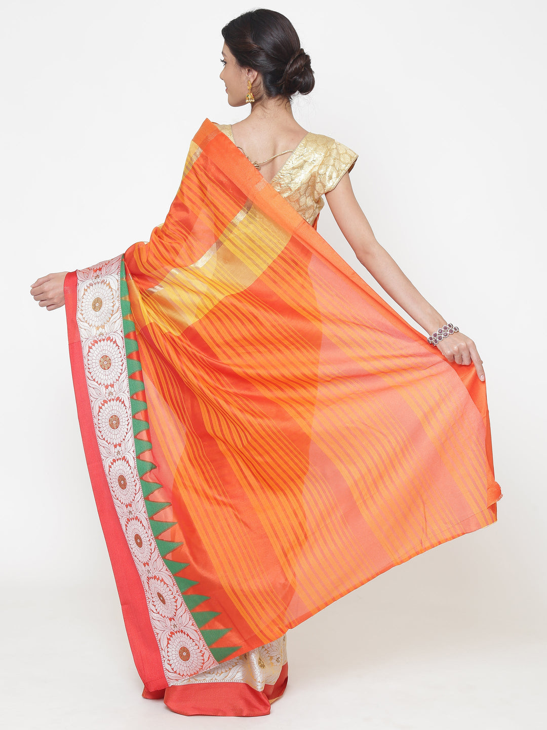 Orange and yellow Striped Handloom Banarasi Saree with contrast Green Temple border