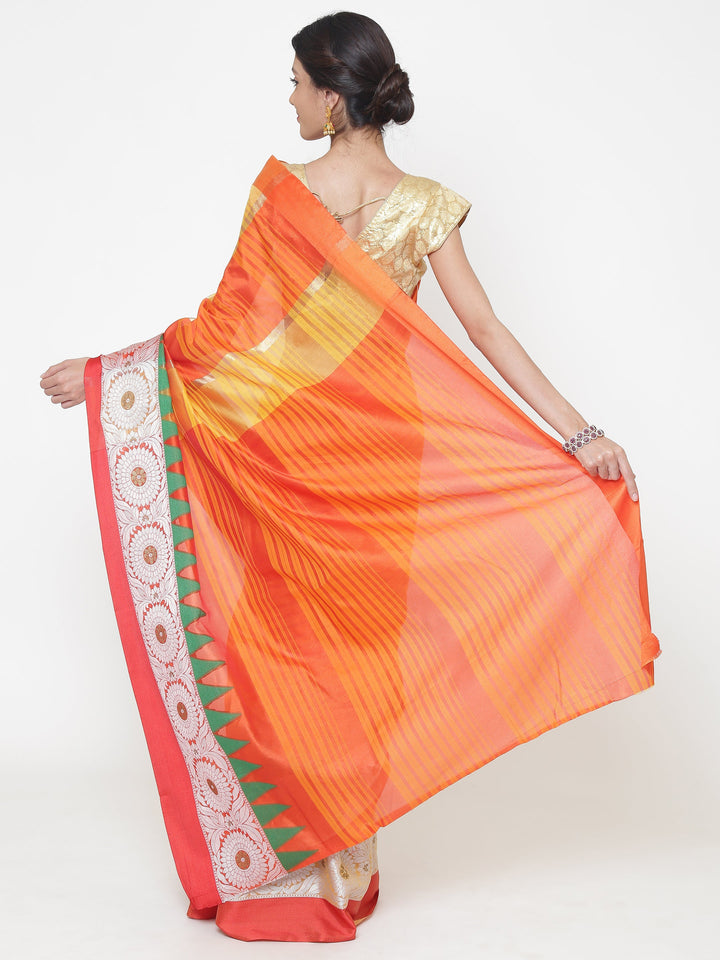 Orange and yellow Striped Handloom Banarasi Saree with contrast Green Temple border