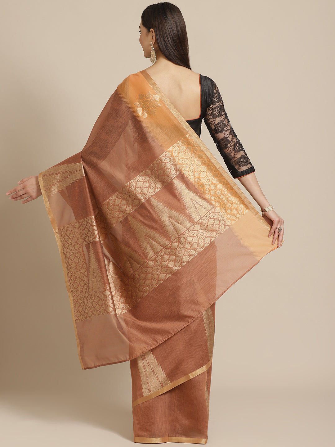 Banarasi Chanderi Saree with Heritage Temple Pallu & Gold Zari Temple Weaving Border