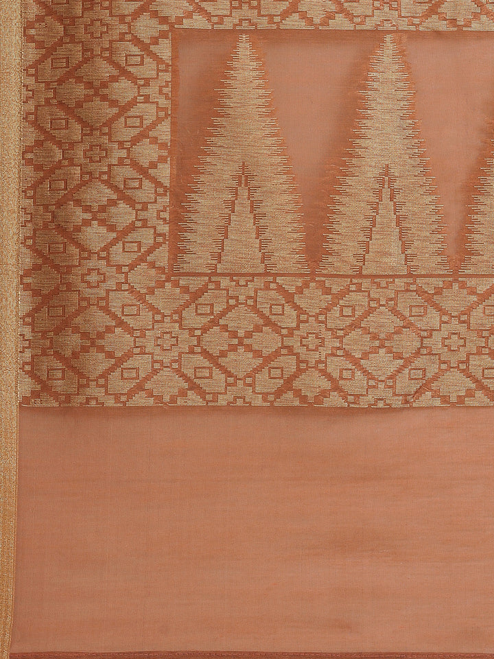 Banarasi Chanderi Saree with Heritage Temple Pallu & Gold Zari Temple Weaving Border
