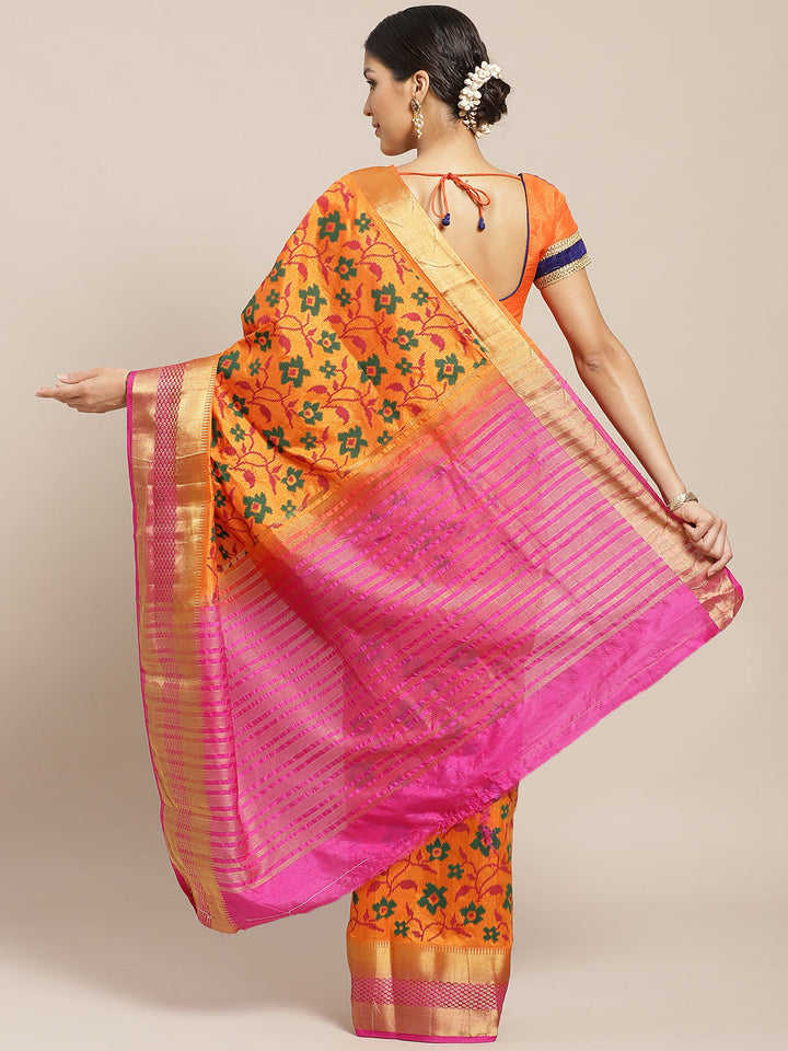 Banarasi Ikat inspired Saree with Contrast Zari Border & Contrast Heavy Pallu
