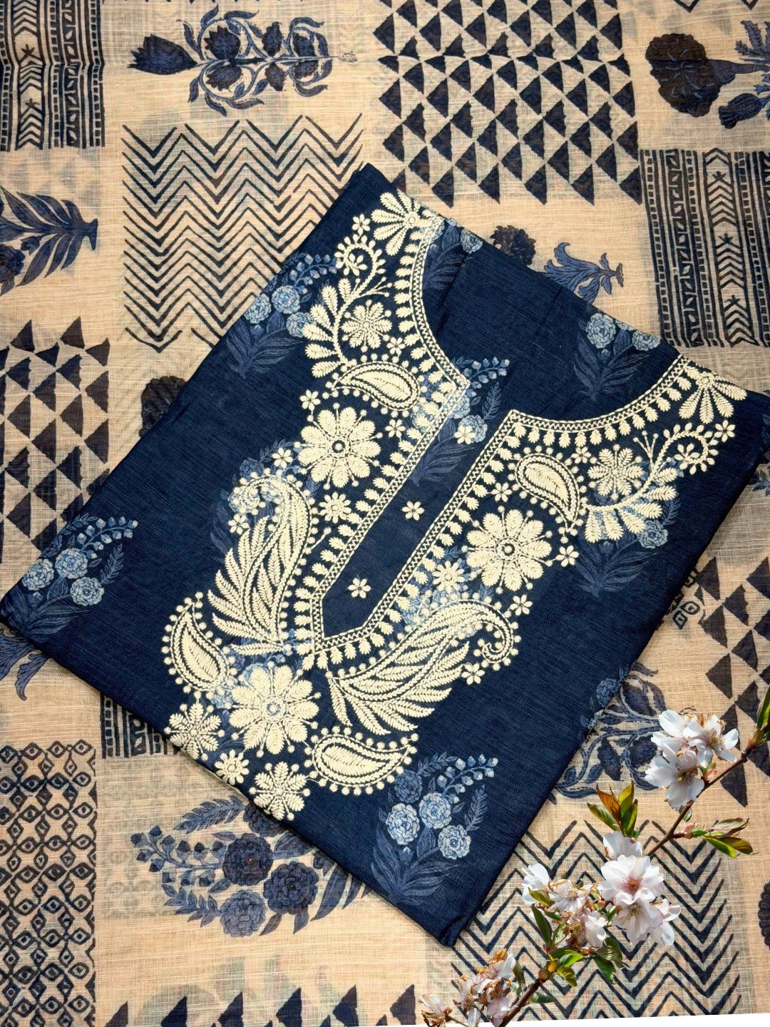 Indigo Block Print Cotton Unstitched Suit with Floral Paisley Resham Embroidery