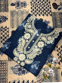 Indigo Block Print Cotton Unstitched Suit with Floral Paisley Resham Embroidery