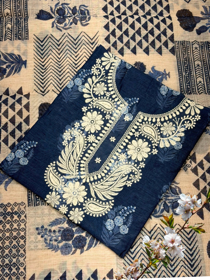 Indigo Block Print Cotton Unstitched Suit with Floral Paisley Resham Embroidery