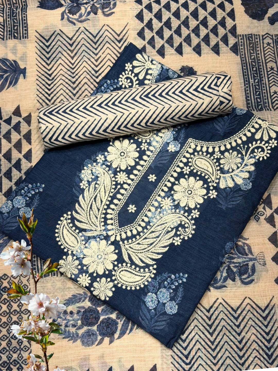 Indigo Block Print Cotton Unstitched Suit with Floral Paisley Resham Embroidery