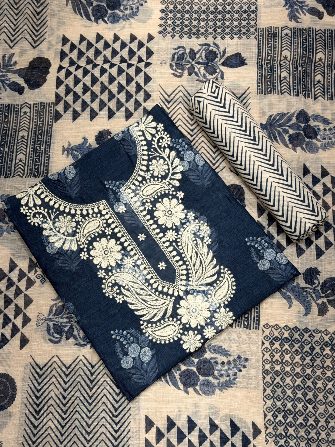 Indigo Block Print Cotton Unstitched Suit with Floral Paisley Resham Embroidery
