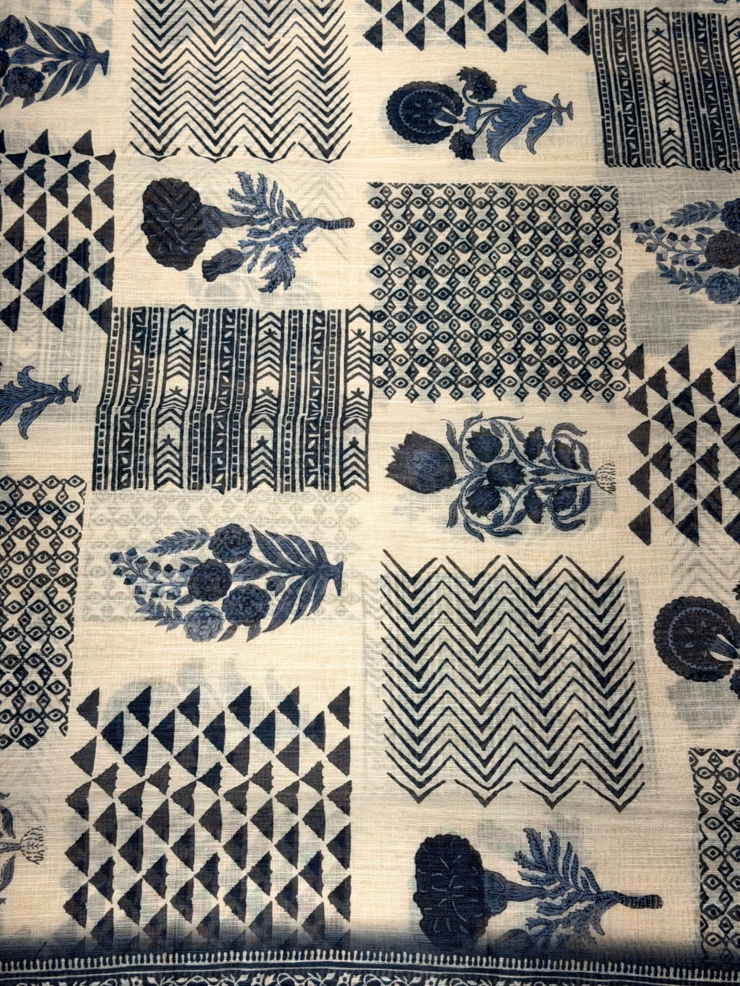 Indigo Block Print Cotton Unstitched Suit with Floral Paisley Resham Embroidery
