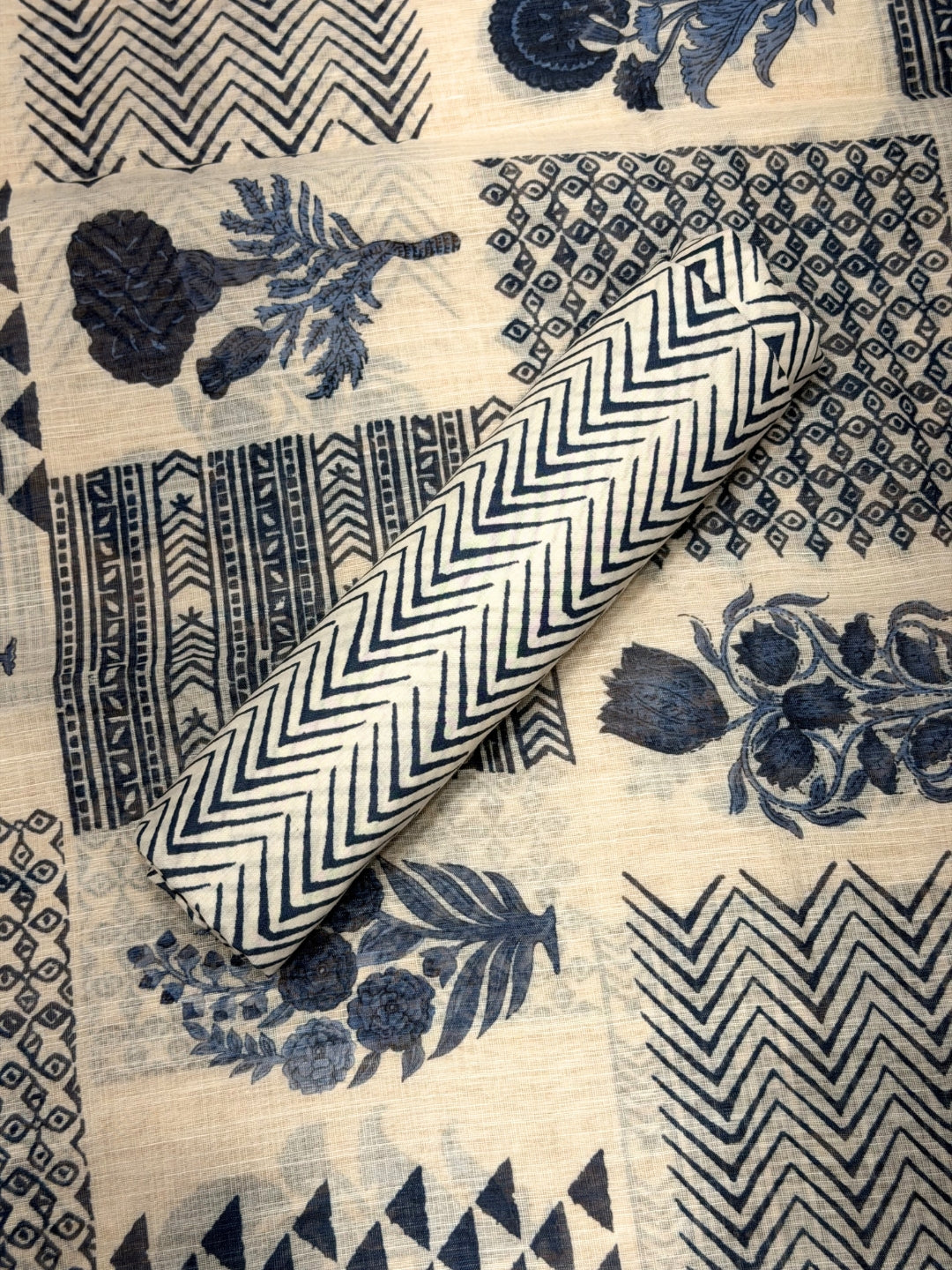 Indigo Block Print Cotton Unstitched Suit with Floral Paisley Resham Embroidery