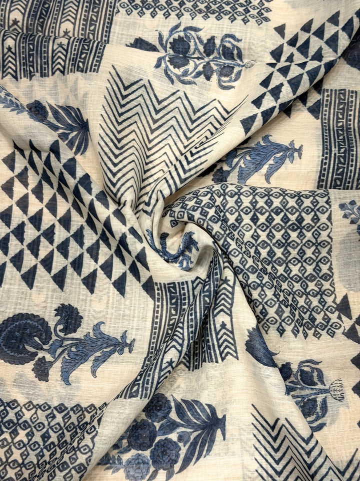 Indigo Block Print Cotton Unstitched Suit with Floral Paisley Resham Embroidery