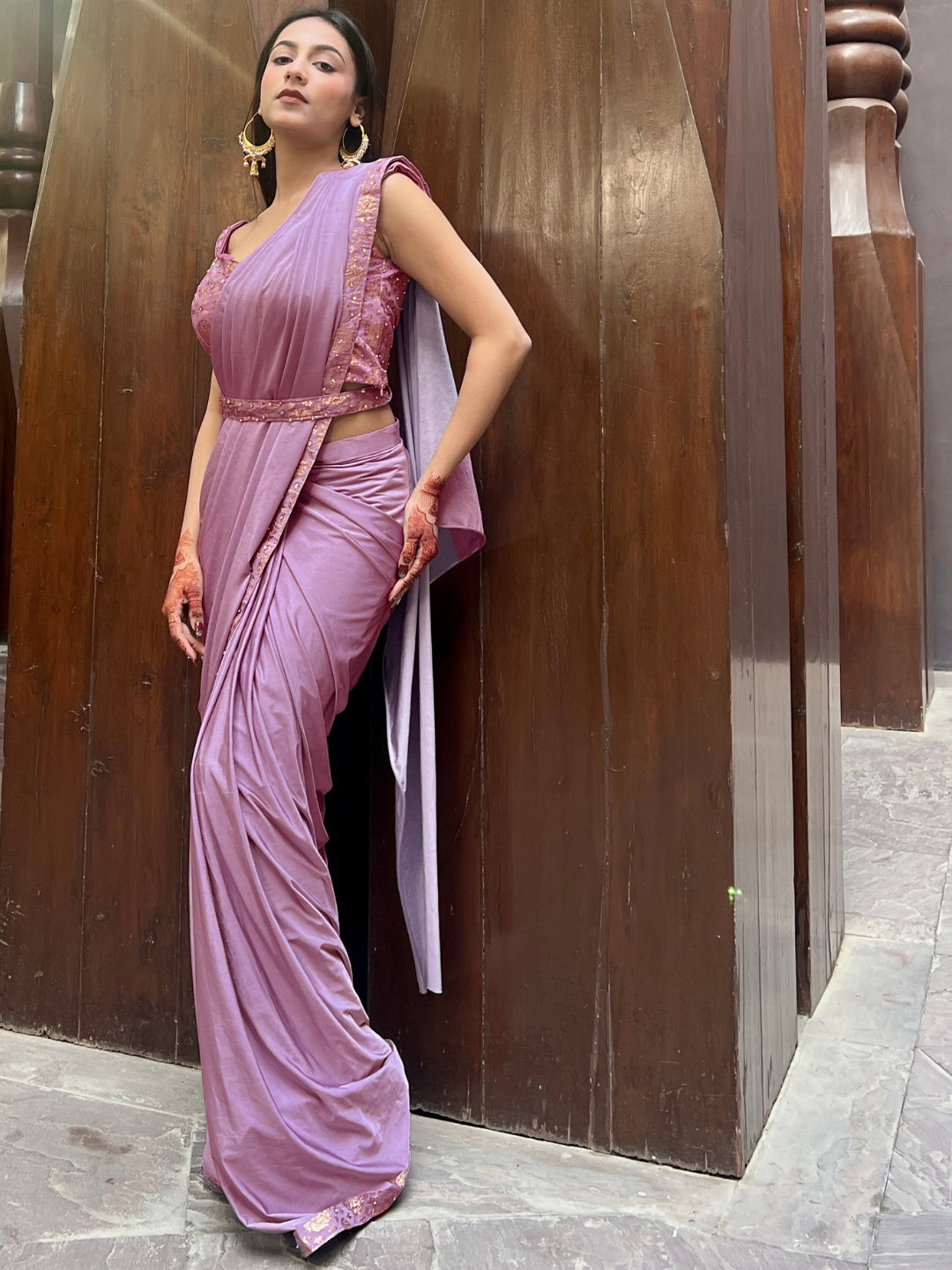Mauve Belted Saree with Banarasi Brocade Blouse
