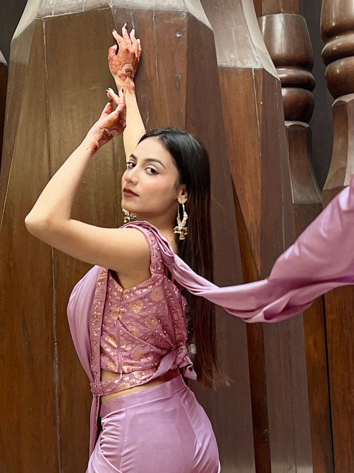Mauve Belted Saree with Banarasi Brocade Blouse