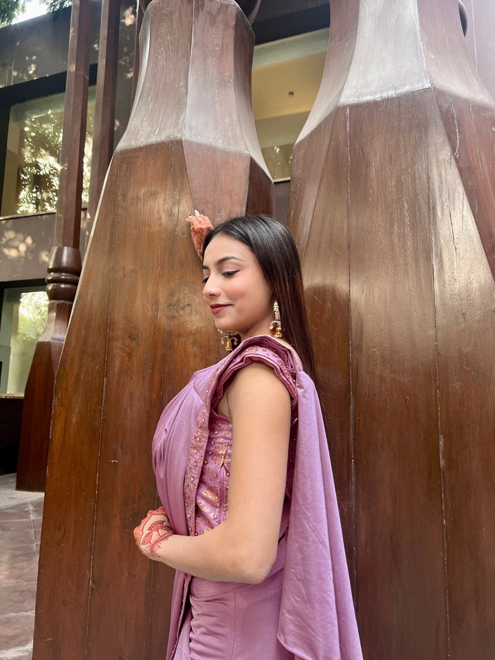 Mauve Belted Saree with Banarasi Brocade Blouse